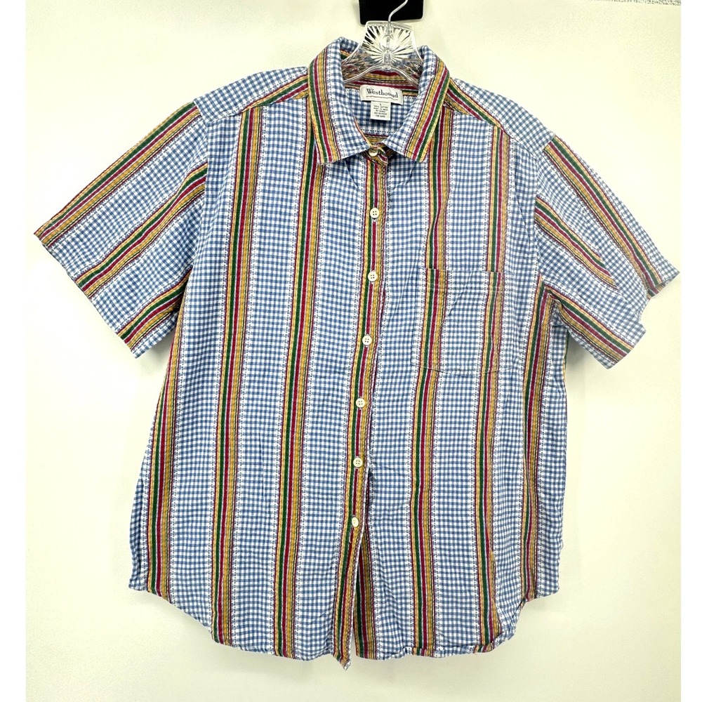 Westbound Womens Blue Gingham Multi Color Stripe Cotton Button Down Shirt L